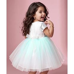 Babyhug Solid Mesh Woven and Sequins York Cap Sleeves Party Dress with Floral Applique - Blue