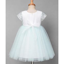 Babyhug Solid Mesh Woven and Sequins York Cap Sleeves Party Dress with Floral Applique - Blue