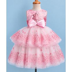 Babyhug Woven Solid Mesh with Embroidered Lace and Sequins York Sleeveless Party Gown with Corsage Bow - Pink