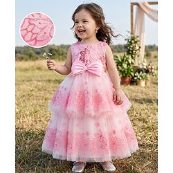 Babyhug Woven Solid Mesh with Embroidered Lace and Sequins York Sleeveless Party Gown with Corsage Bow - Pink