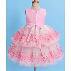 Babyhug Woven Solid Mesh with Embroidered Lace and Sequins York Sleeveless Party Gown with Corsage Bow - Pink