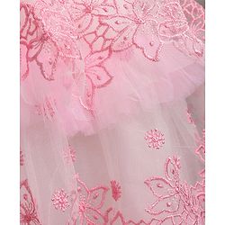 Babyhug Woven Solid Mesh with Embroidered Lace and Sequins York Sleeveless Party Gown with Corsage Bow - Pink