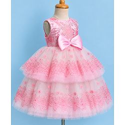 Babyhug Woven Solid Mesh with Embroidered Lace and Sequins York Sleeveless Party Gown with Corsage Bow - Pink