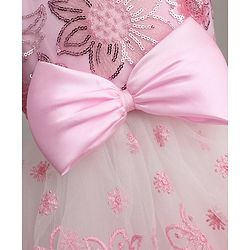 Babyhug Woven Solid Mesh with Embroidered Lace and Sequins York Sleeveless Party Gown with Corsage Bow - Pink