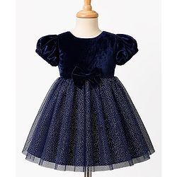 Babyhug Woven Solid Velour York and Foil Printed Mesh Half Puff Sleeves Party Dress with Corsage Bow - Navy Blue