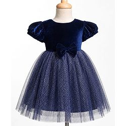 Babyhug Woven Solid Velour York and Foil Printed Mesh Half Puff Sleeves Party Dress with Corsage Bow - Navy Blue