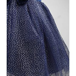 Babyhug Woven Solid Velour York and Foil Printed Mesh Half Puff Sleeves Party Dress with Corsage Bow - Navy Blue