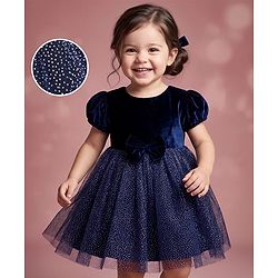Babyhug Woven Solid Velour York and Foil Printed Mesh Half Puff Sleeves Party Dress with Corsage Bow - Navy Blue