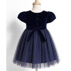 Babyhug Woven Solid Velour York and Foil Printed Mesh Half Puff Sleeves Party Dress with Corsage Bow - Navy Blue