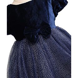Babyhug Woven Solid Velour York and Foil Printed Mesh Half Puff Sleeves Party Dress with Corsage Bow - Navy Blue