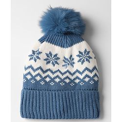 Babyhug Knit Woollen Pom Pom Cap With Geometric Design Blue - Diameter 11 cm