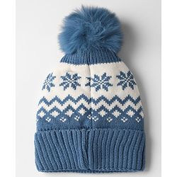 Babyhug Knit Woollen Pom Pom Cap With Geometric Design Blue - Diameter 11 cm