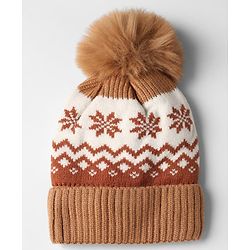 Babyhug Knit Woollen Pom Pom Cap With Geometric Design Beige - Diameter 11 cm