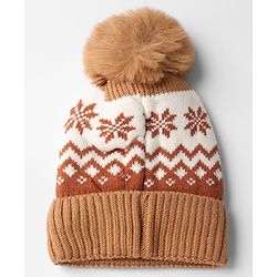 Babyhug Knit Woollen Pom Pom Cap With Geometric Design Beige - Diameter 11 cm
