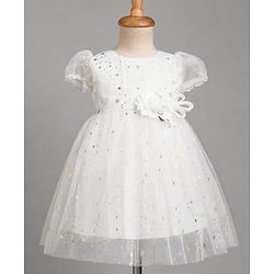 Babyhug Mesh Woven Foil Printed and Puff Sleeves Party Dress with Corsage  - White