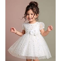 Babyhug Mesh Woven Foil Printed and Puff Sleeves Party Dress with Corsage  - White