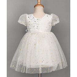 Babyhug Mesh Woven Foil Printed and Puff Sleeves Party Dress with Corsage  - White