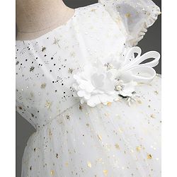 Babyhug Mesh Woven Foil Printed and Puff Sleeves Party Dress with Corsage  - White
