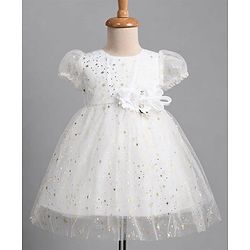 Babyhug Mesh Woven Foil Printed and Puff Sleeves Party Dress with Corsage  - White