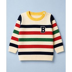 Babyhug Knit Full Sleeves Striped Sweater Set with B patch - Cream