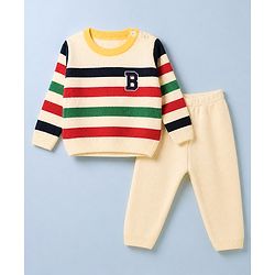 Babyhug Knit Full Sleeves Striped Sweater Set with B patch - Cream