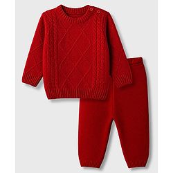 Babyhug Knit Full Sleeves Sweater and Pant Set with Cable Knit - Red