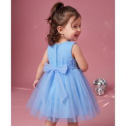 Babyhug Solid Mesh Woven Sequined Embroidery Sleeveless Party Dress with Bow Applique - Blue