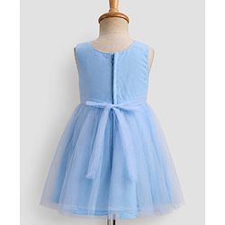 Babyhug Solid Mesh Woven Sequined Embroidery Sleeveless Party Dress with Bow Applique - Blue