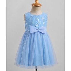 Babyhug Solid Mesh Woven Sequined Embroidery Sleeveless Party Dress with Bow Applique - Blue