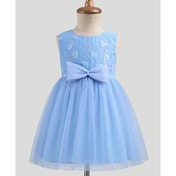 Babyhug Solid Mesh Woven Sequined Embroidery Sleeveless Party Dress with Bow Applique - Blue