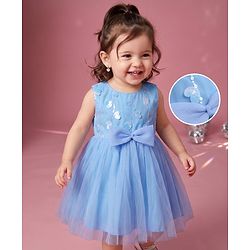 Babyhug Solid Mesh Woven Sequined Embroidery Sleeveless Party Dress with Bow Applique - Blue