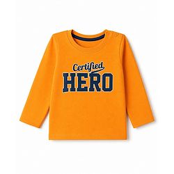 Babyhug 100% Cotton Knit T-Shirt with Full Sleeves and Certified Hero Print - Orange