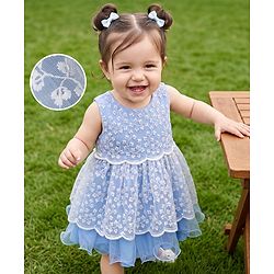 Babyhug Mesh Woven Sleeveless Party Frock With Floral Embroidery - Blue