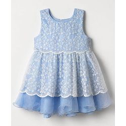 Babyhug Mesh Woven Sleeveless Party Frock With Floral Embroidery - Blue
