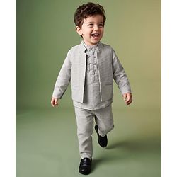 Babyhug Woven Full Sleeves  Shirt with Solid Jacket and Trousers  - Grey