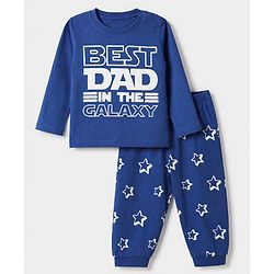 Babyhug Cotton Knit Full Sleeves T-Shirt & Pajama Night Suit with Best Dad in The Galaxy Text & Stars Print - Navy Blue