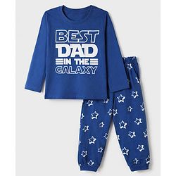 Babyhug Cotton Knit Full Sleeves T-Shirt & Pajama Night Suit with Best Dad in The Galaxy Text & Stars Print - Navy Blue