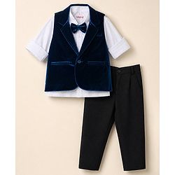 Babyhug Velour Knit Full Sleeves Solid Party Suit with Bow in Teal Blue