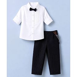 Babyhug Woven Full Sleeves Party Shirt & Pant Set With Bow & Suspender - White & Navy Blue