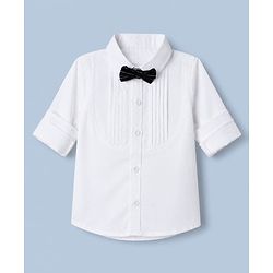 Babyhug Woven Full Sleeves Party Shirt & Pant Set With Bow & Suspender - White & Navy Blue