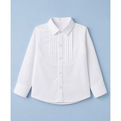 Babyhug Woven Full Sleeves Party Shirt & Pant Set With Bow & Suspender - White & Navy Blue
