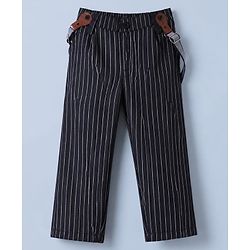 Babyhug Woven Full Sleeves Party Shirt & Pant Set With Bow & Suspender - White & Navy Blue