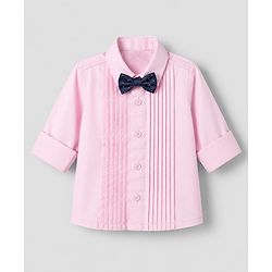 Babyhug Woven Full Sleeves Solid Party Shirt With Bow - Pink
