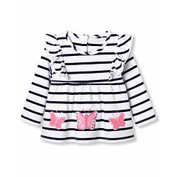 Babyhug 100% Cotton Single Jersey Knit Full Sleeves Top and Pant With Stripes Print & Butterfly Patch - White