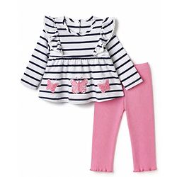 Babyhug 100% Cotton Single Jersey Knit Full Sleeves Top and Pant With Stripes Print & Butterfly Patch - White