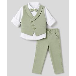 Babyhug Knit Full Sleeves Striped Four Piece Party Suit  - Light Green
