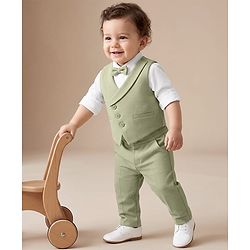 Babyhug Knit Full Sleeves Striped Four Piece Party Suit  - Light Green