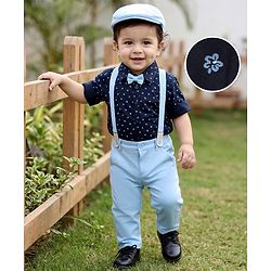 Babyhug Knit Full Sleeves 5 Piece Floral Printed Party Shirt & Trouser Set With Bow, Suspender and Cap - Navy