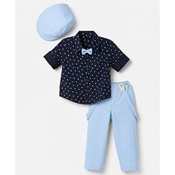 Babyhug Knit Full Sleeves 5 Piece Floral Printed Party Shirt & Trouser Set With Bow, Suspender and Cap - Navy