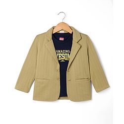 Babyhug Knit Full Sleeves Solid Blazer with Text Printed T-shirt - Beige